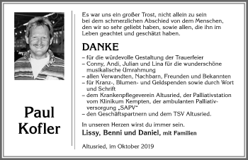 Traueranzeige von Paul Kofler von Allgäuer Zeitung,Kempten