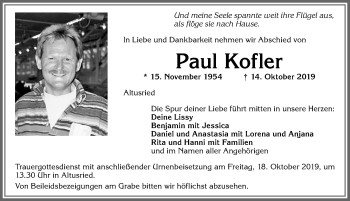 Traueranzeige von Paul Kofler von Allgäuer Zeitung,Kempten