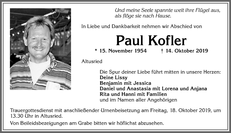  Traueranzeige für Paul Kofler vom 16.10.2019 aus Allgäuer Zeitung,Kempten