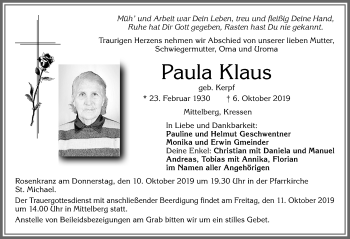 Traueranzeige von Paula Klaus von Allgäuer Zeitung,Kempten
