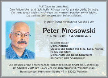 Traueranzeige von Peter Mrosowski von Allgäuer Zeitung, Marktoberdorf