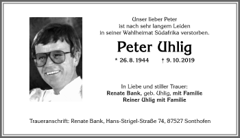 Traueranzeige von Peter Uhlig von Allgäuer Anzeigeblatt