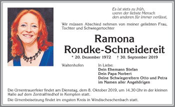 Traueranzeige von Ramona Rondke-Schneidereit von Allgäuer Zeitung,Kempten