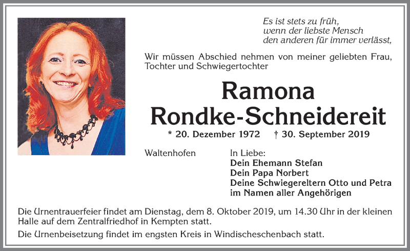  Traueranzeige für Ramona Rondke-Schneidereit vom 05.10.2019 aus Allgäuer Zeitung,Kempten