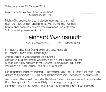 Traueranzeige von Reinhard Wachsmuth von Der Westallgäuer