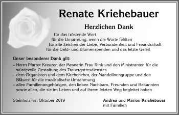 Traueranzeige von Renate Kriehebauer von Allgäuer Zeitung, Kaufbeuren/Buchloe