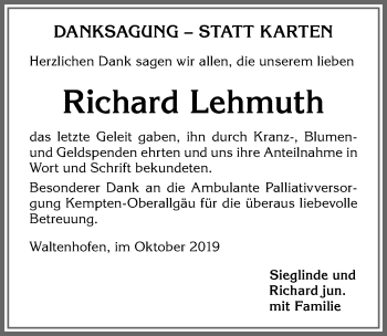 Traueranzeige von Richard Lehmuth von Allgäuer Zeitung,Kempten