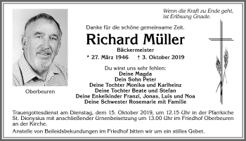 Traueranzeige von Richard Müller von Allgäuer Zeitung, Kaufbeuren/Buchloe