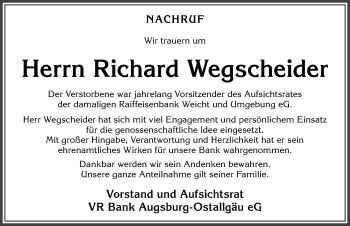 Traueranzeige von Richard Wegscheider von Allgäuer Zeitung, Kaufbeuren/Buchloe
