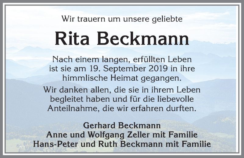  Traueranzeige für Rita Beckmann vom 04.10.2019 aus Memminger Zeitung
