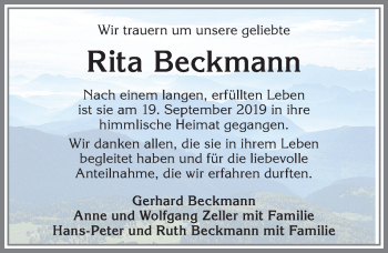 Traueranzeige von Rita Beckmann von Memminger Zeitung