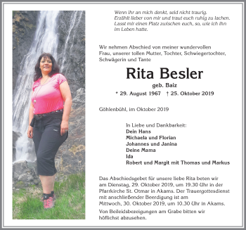 Traueranzeige von Rita Besler von Allgäuer Zeitung