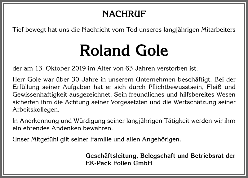  Traueranzeige für Roland Gole vom 23.10.2019 aus Allgäuer Zeitung,Kempten