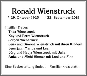 Traueranzeige von Ronald Wienstruck von Allgäuer Zeitung, Kaufbeuren/Buchloe