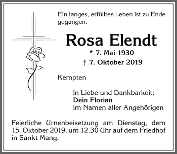 Traueranzeige von Rosa Elendt von Allgäuer Zeitung,Kempten