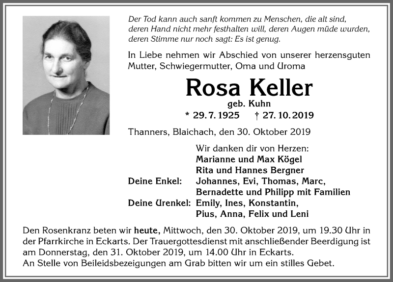  Traueranzeige für Rosa Keller vom 30.10.2019 aus Allgäuer Anzeigeblatt