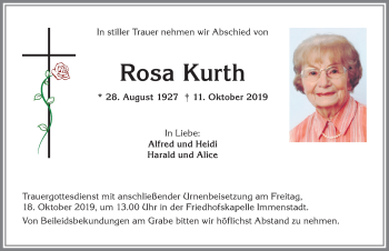 Traueranzeige von Rosa Kurth von Allgäuer Anzeigeblatt