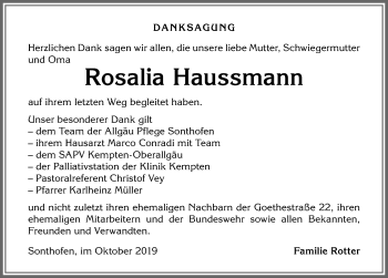 Traueranzeige von Rosalia Haussmann von Allgäuer Anzeigeblatt