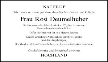 Traueranzeige von Rosi Deumelhuber von Der Westallgäuer