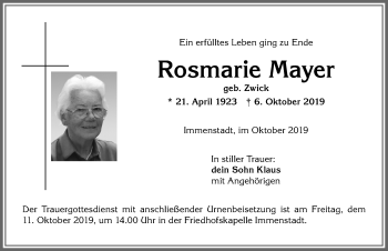 Traueranzeige von Rosmarie Mayer von Allgäuer Anzeigeblatt