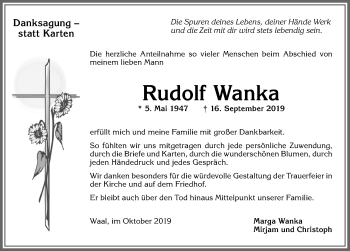 Traueranzeige von Rudolf Wanka von Allgäuer Zeitung