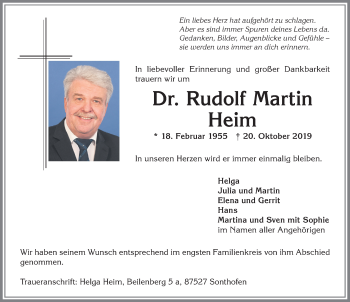 Traueranzeige von Rudolf Martin Heim von Allgäuer Anzeigeblatt