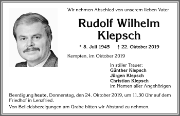 Traueranzeige von Rudolf Wilhelm Klepsch von Allgäuer Zeitung,Kempten