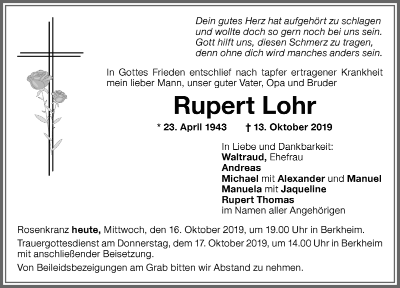  Traueranzeige für Rupert Lohr vom 16.10.2019 aus Memminger Zeitung