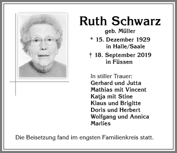 Traueranzeige von Ruth Schwarz von Allgäuer Zeitung, Marktoberdorf