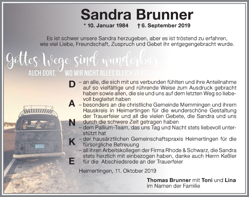  Traueranzeige für Sandra Brunner vom 11.10.2019 aus Memminger Zeitung