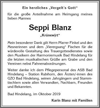 Traueranzeige von Seppi Blanz von Allgäuer Anzeigeblatt