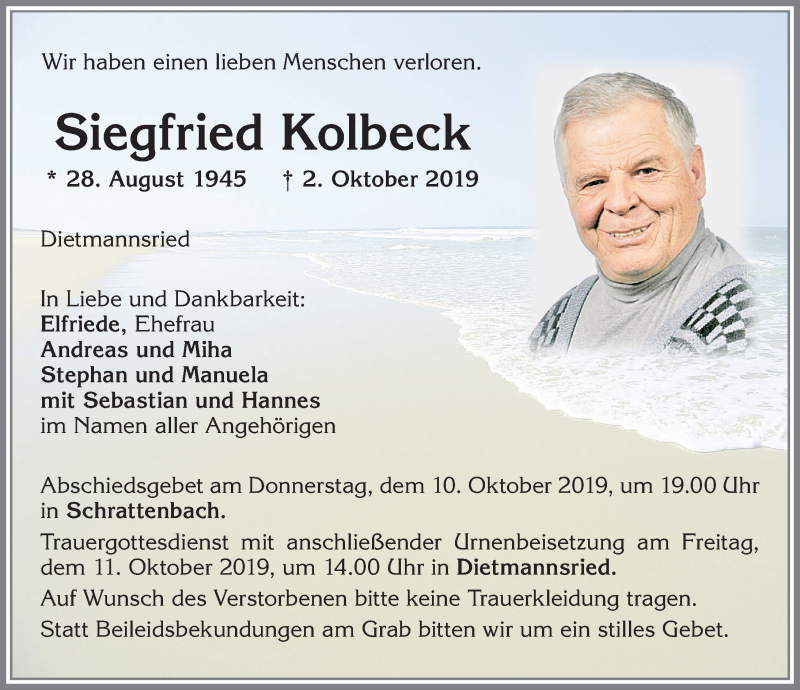  Traueranzeige für Siegfried Kolbeck vom 09.10.2019 aus Allgäuer Zeitung,Kempten