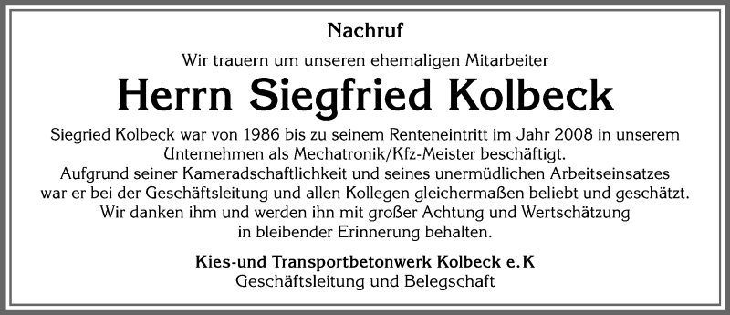  Traueranzeige für Siegfried Kolbeck vom 09.10.2019 aus Allgäuer Zeitung,Kempten