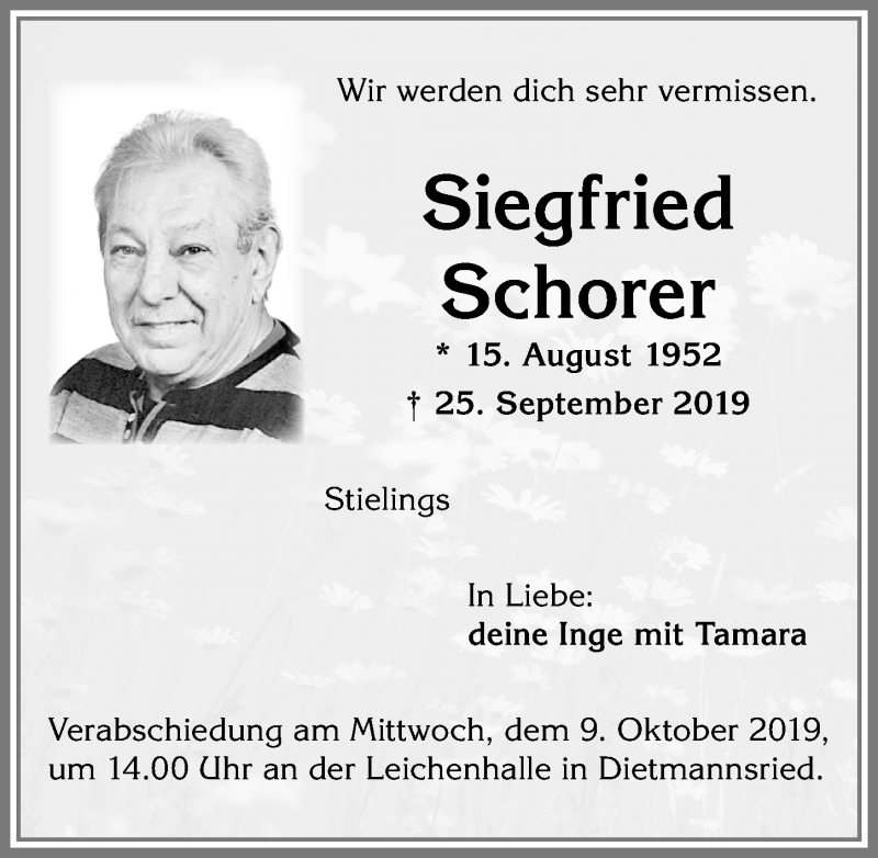  Traueranzeige für Siegfried Schorer vom 05.10.2019 aus Allgäuer Zeitung,Kempten