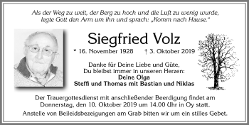 Traueranzeige von Siegfried Volz von Allgäuer Zeitung,Kempten