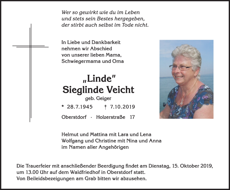  Traueranzeige für Sieglinde Veicht vom 12.10.2019 aus Allgäuer Anzeigeblatt