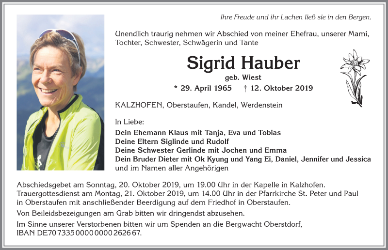  Traueranzeige für Sigrid Hauber vom 16.10.2019 aus Allgäuer Zeitung