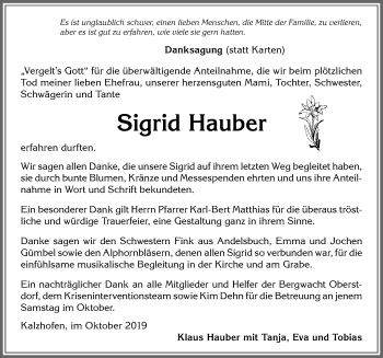 Traueranzeige von Sigrid Hauber von Allgäuer Zeitung