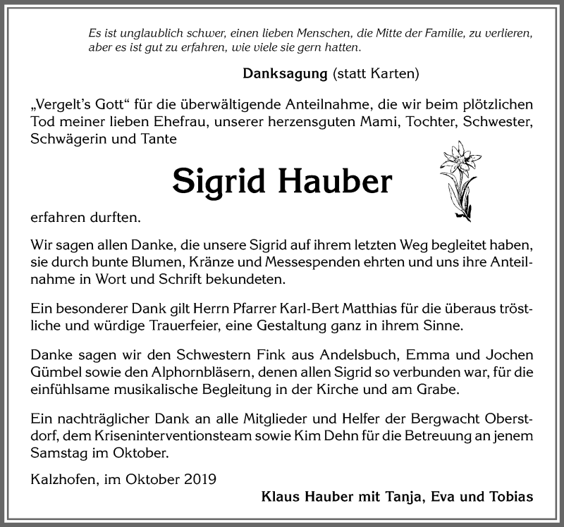  Traueranzeige für Sigrid Hauber vom 24.10.2019 aus Allgäuer Zeitung