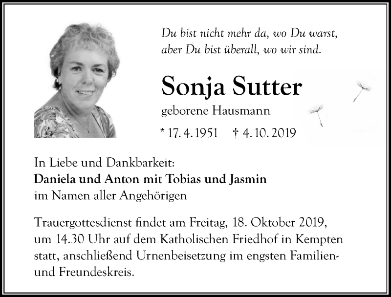  Traueranzeige für Sonja Sutter vom 12.10.2019 aus Allgäuer Zeitung,Kempten