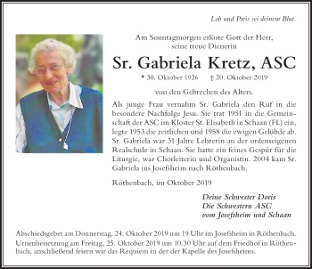 Traueranzeige von Sr. Gabriela Kretz von Der Westallgäuer
