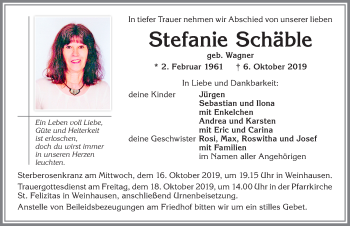 Traueranzeige von Stefanie Schäble von Allgäuer Zeitung, Kaufbeuren/Buchloe