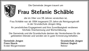 Traueranzeige von Stefanie Schäble von Allgäuer Zeitung, Kaufbeuren/Buchloe