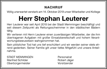 Traueranzeige von Stephan Leuterer von Memminger Zeitung