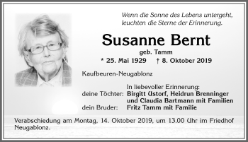 Traueranzeige von Susanne Bernt von Allgäuer Zeitung, Kaufbeuren/Buchloe