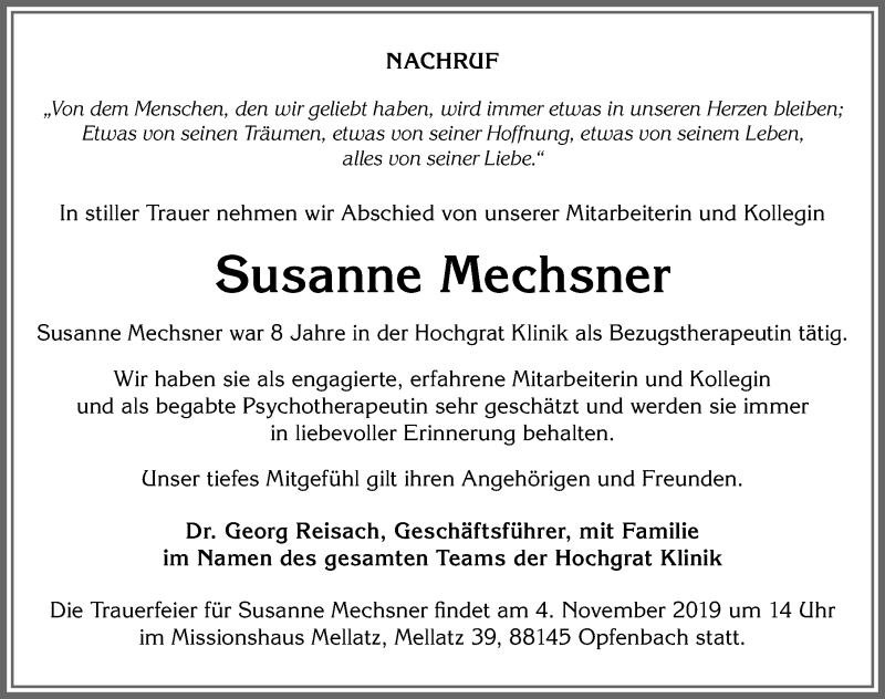  Traueranzeige für Susanne Mechsner vom 26.10.2019 aus Der Westallgäuer