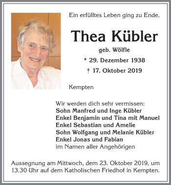 Traueranzeige von Thea Kübler von Allgäuer Zeitung,Kempten