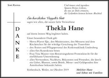 Traueranzeige von Thekla Hane von Der Westallgäuer