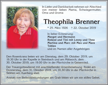 Traueranzeige von Theophila Brenner von Allgäuer Zeitung, Marktoberdorf