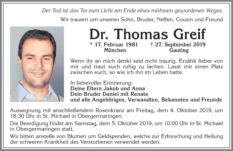  Traueranzeige für Thomas Greif vom 02.10.2019 aus Allgäuer Zeitung, Kaufbeuren/Buchloe